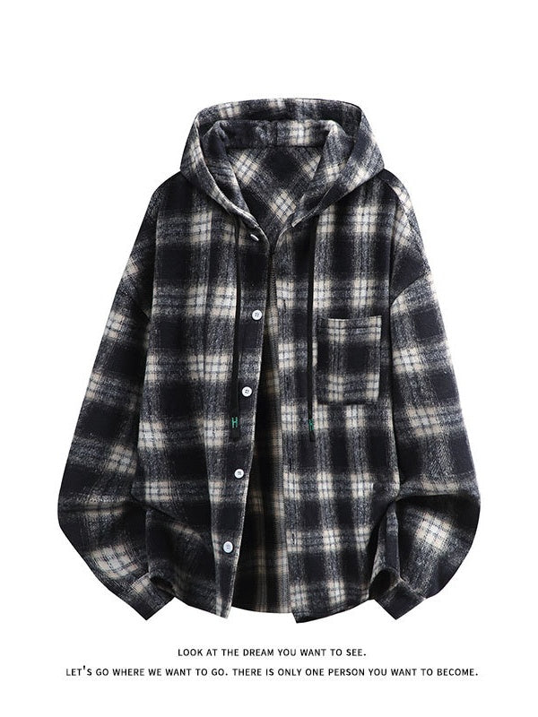 Plaid Stripes Sanding Thickening Hooded Long-sleeved Shirt