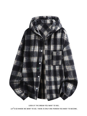 Plaid Stripes Sanding Thickening Hooded Long-sleeved Shirt