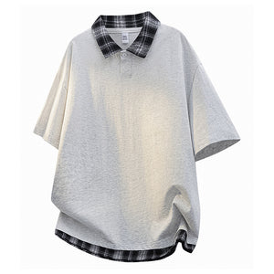 Layered-look Patchwork Plaid POLO Shirt