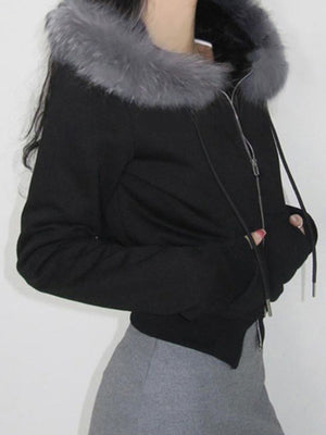 Fleece-lined For Warmth Double-ended Zipper Plush Patchwork Hoodies Jackets