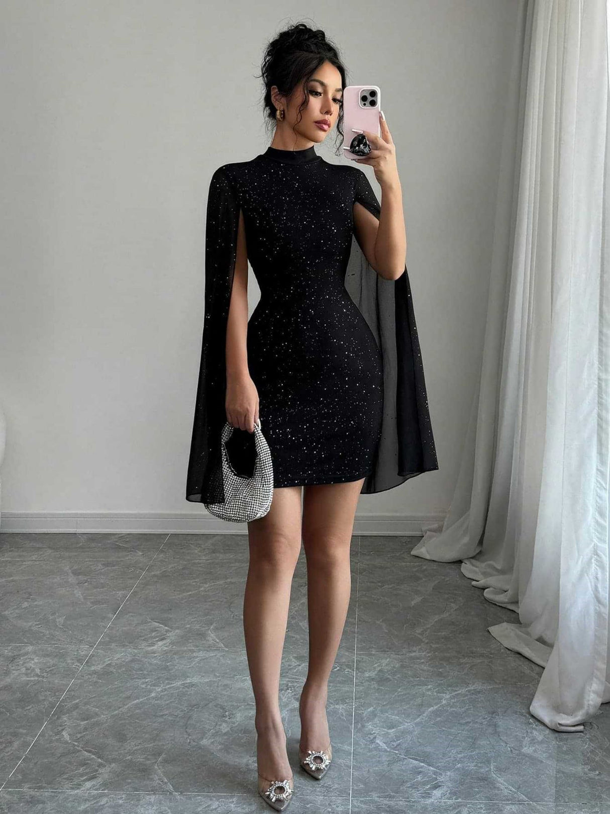 Turtleneck Sequins Chiffon Cape Lantern Sleeve Short Dress