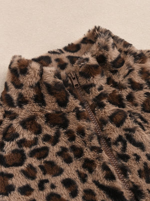 Liber Leopard Print Plush Stand-up Collar Navel Exposed Short Vest