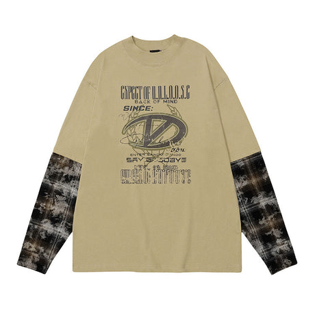 Fake Two Pieces Camouflage Splicing Maillard Style Loose Crew Neck T-shirt