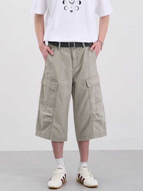 Washed Pleated Multiple Pockets Tooling Baggy 7 Points Shorts