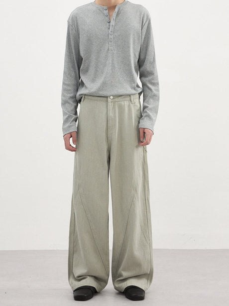 Slub-Weave Color-Block Washed Straight-Leg Pants