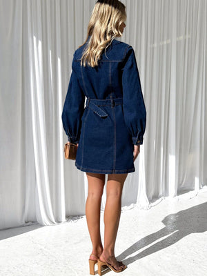 Buttons Lace Up Long Sleeves Denim Dress