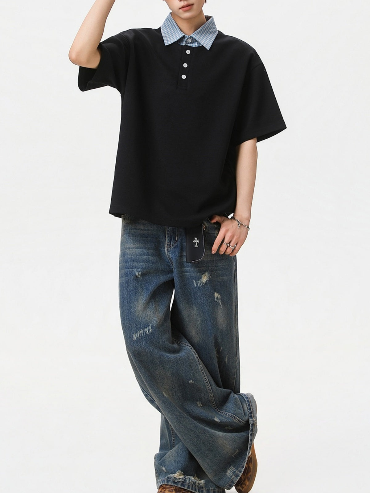 College Style Layered-look Color-blocked Plaid Polo Shirt