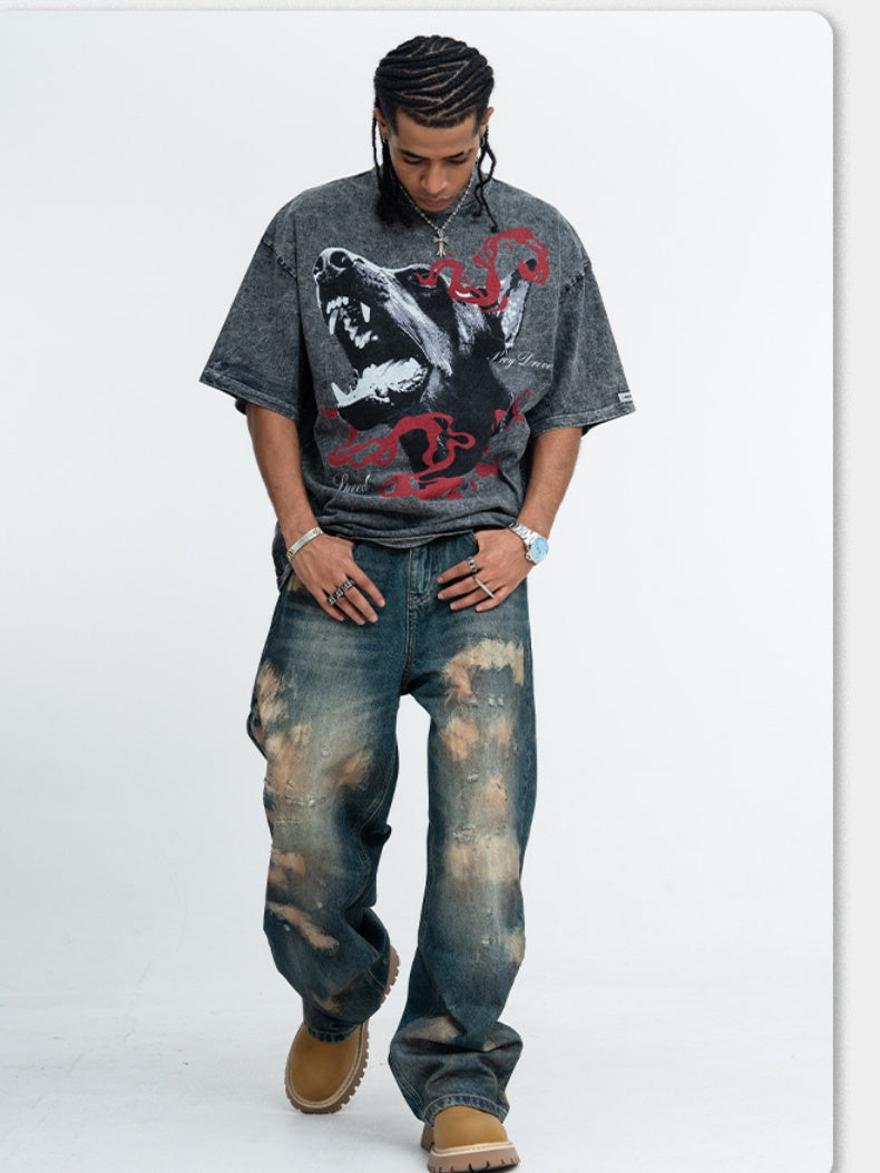 Washing Water Distressed Doberman Pinscher Printed Loose-fit T-shirts