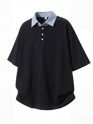 College Style Layered-look Color-blocked Plaid Polo Shirt