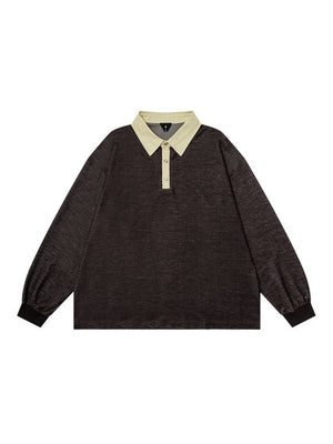 Polo Collar Contrasting Colors Splicing Long-sleeved Polo Shirt