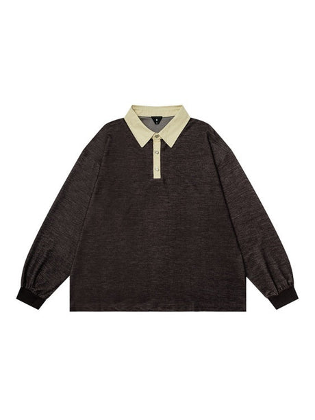 Polo Collar Contrasting Colors Splicing Long-sleeved Polo Shirt