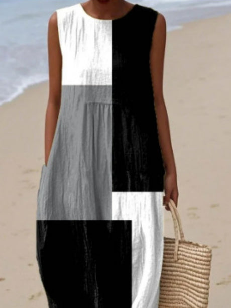 Printed Pocket Round Neck Sleeveless Maxi Dresses