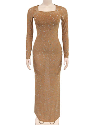 Strassbesetzte, lange Ärmel, eckiger Kragen, glänzende Party-Maxikleider