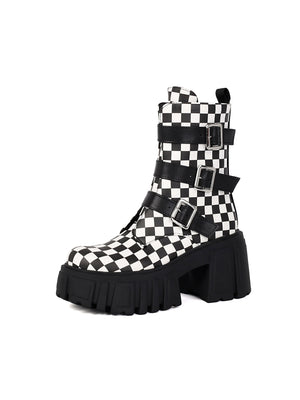 Plaid Denim Biker Punk Ankle Boots