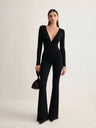Slim-fit Deep V-neck Long-sleeved Flared Jumpsuit