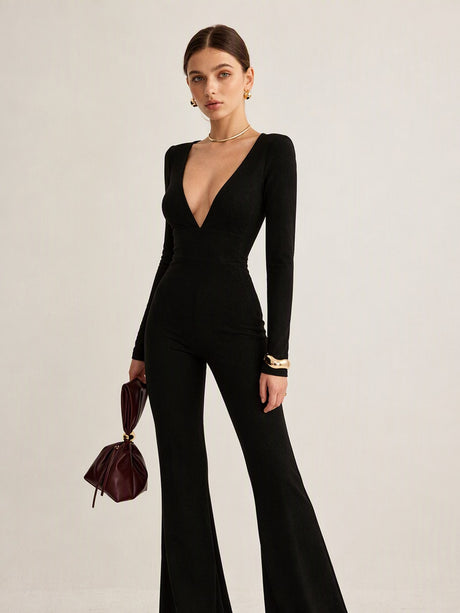 Slim-fit Deep V-neck Long-sleeved Flared Jumpsuit