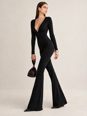 Slim-fit Deep V-neck Long-sleeved Flared Jumpsuit