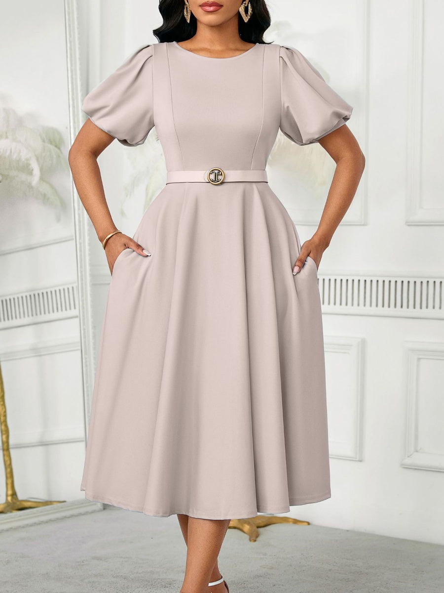 Puff Sleeve High Waist Crew Neck Large Skirt Commuting Leisure Midi Dresses