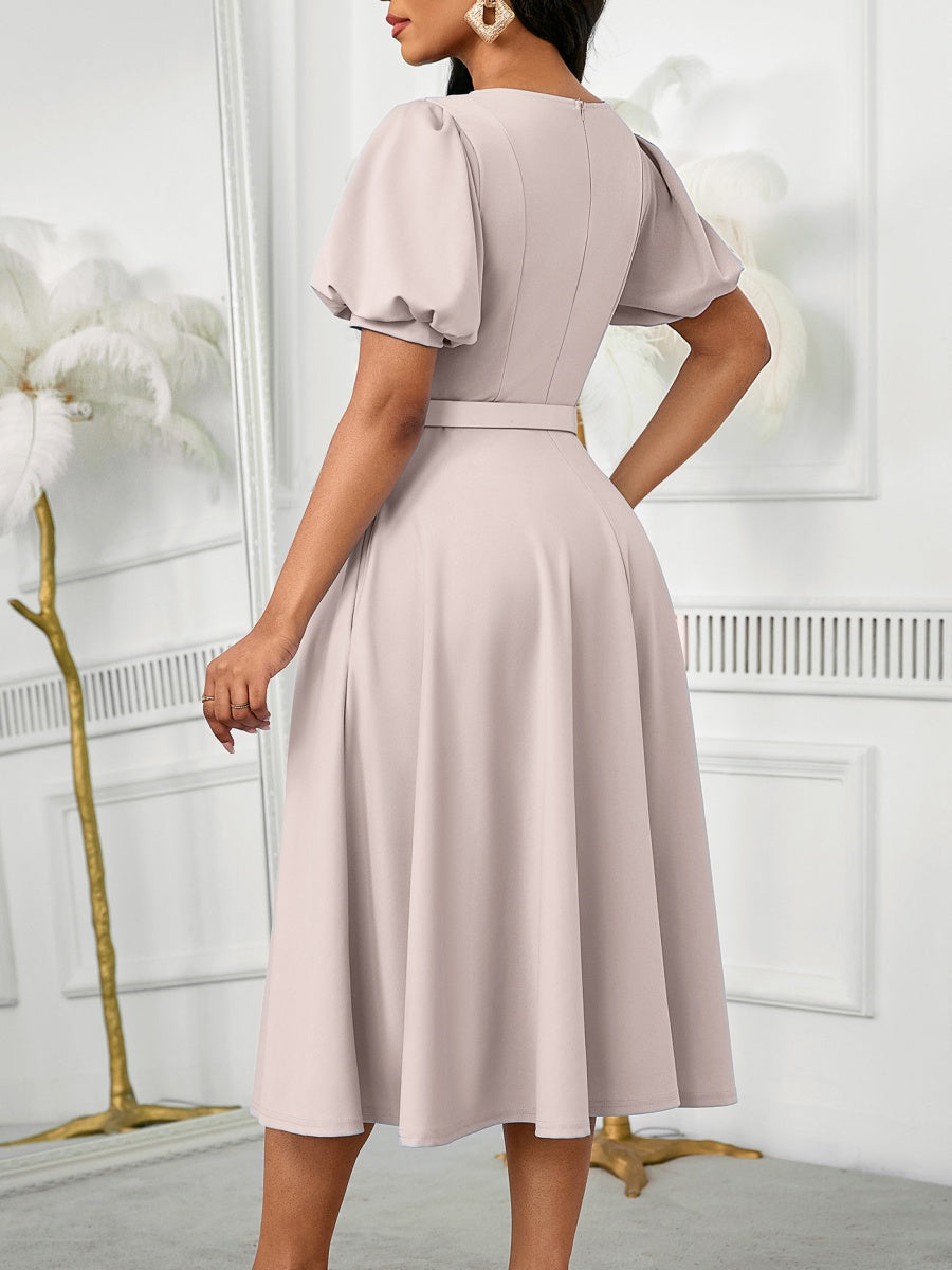 Puff Sleeve High Waist Crew Neck Large Skirt Commuting Leisure Midi Dresses