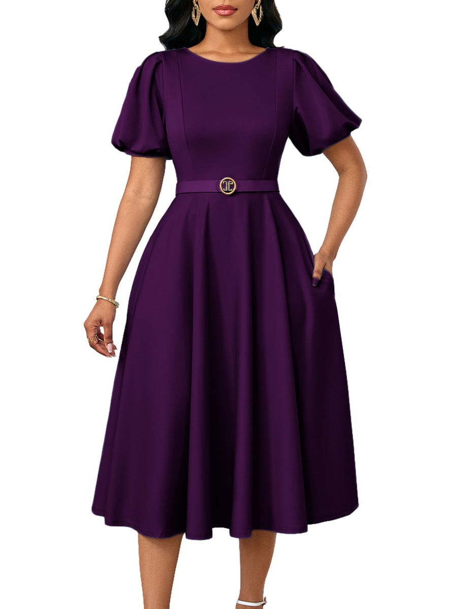 Puff Sleeve High Waist Crew Neck Large Skirt Commuting Leisure Midi Dresses