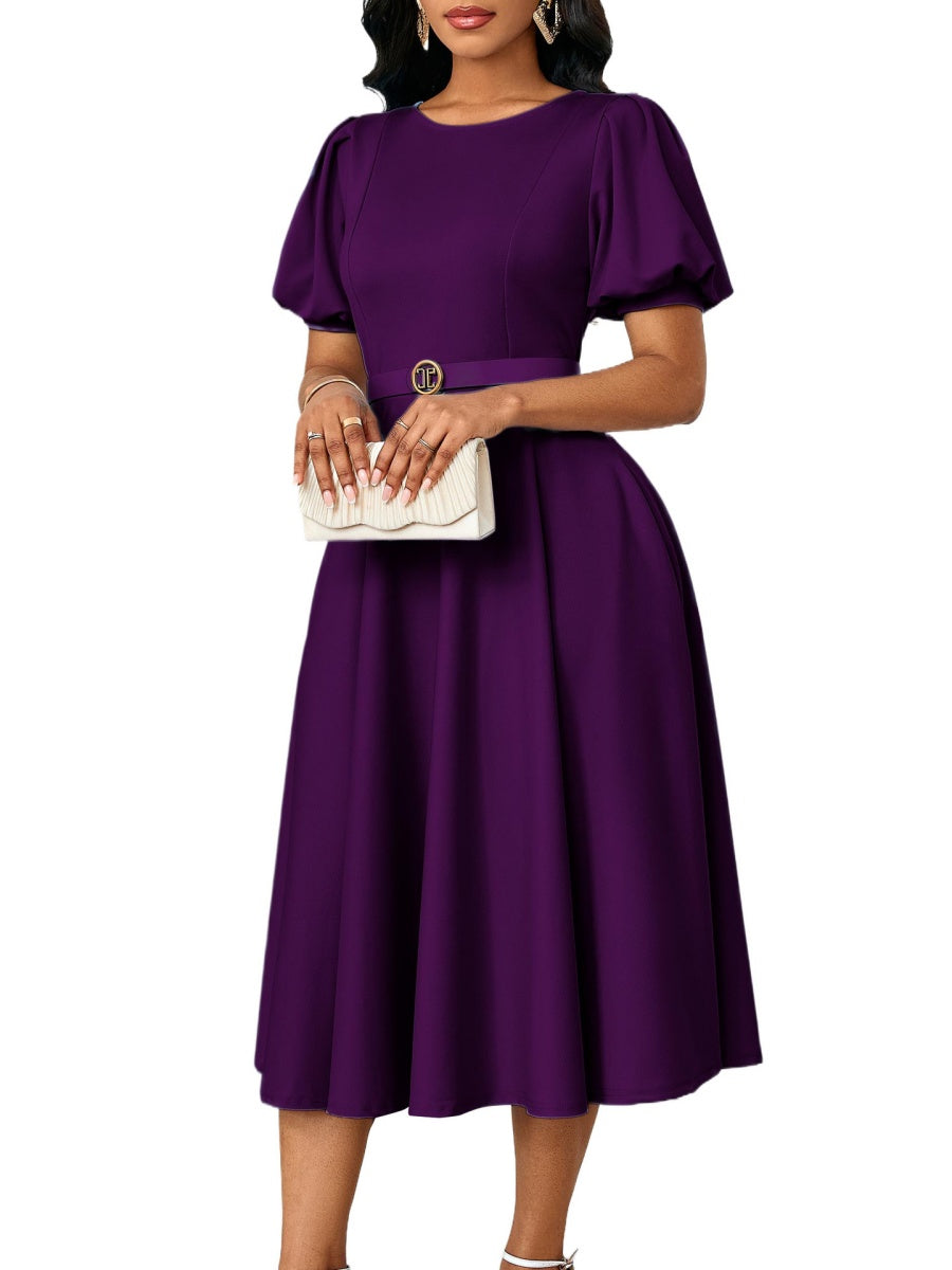 Puff Sleeve High Waist Crew Neck Large Skirt Commuting Leisure Midi Dresses
