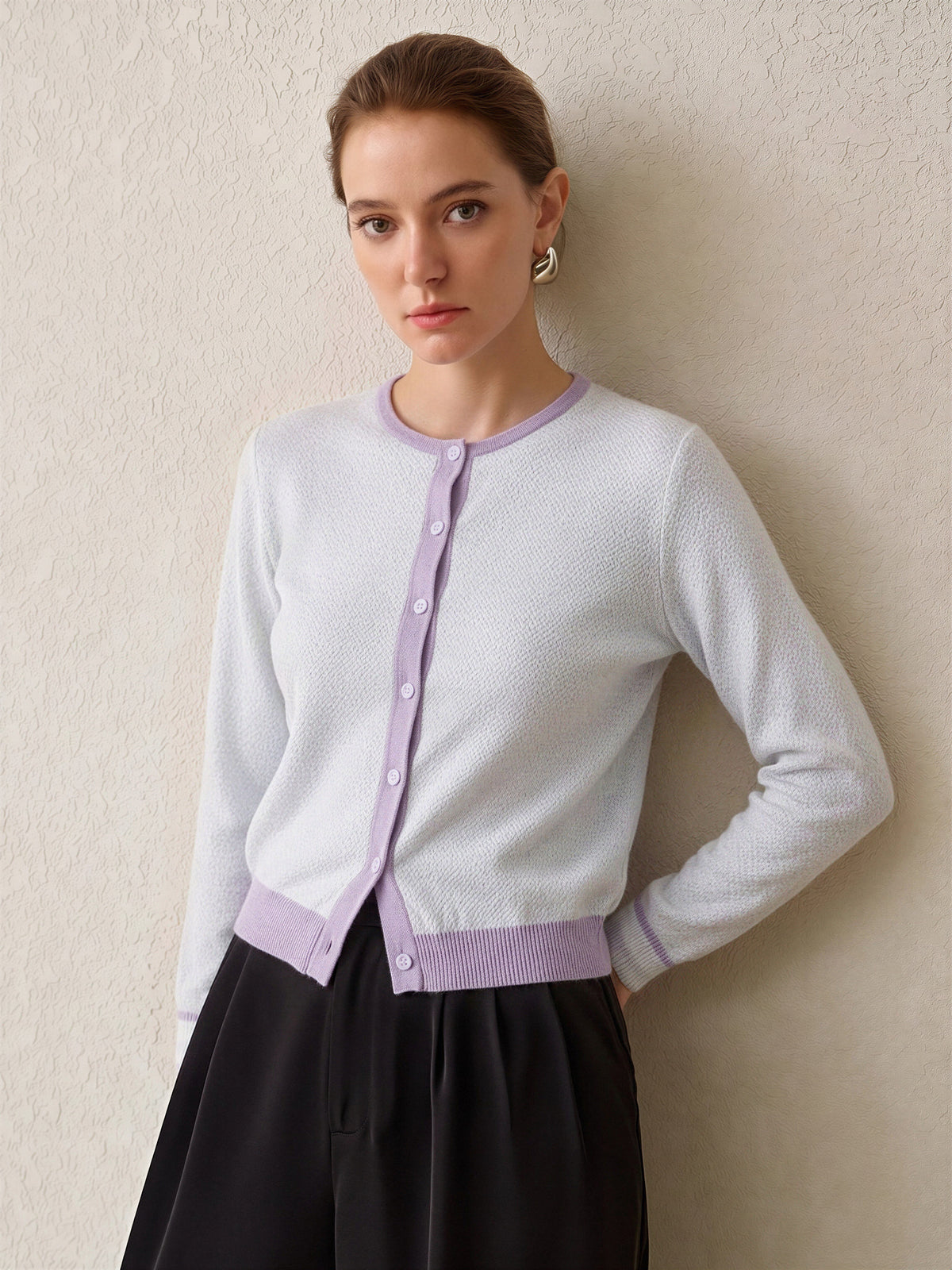 100% Wool Color Block Crew Neck Knit Cardigan