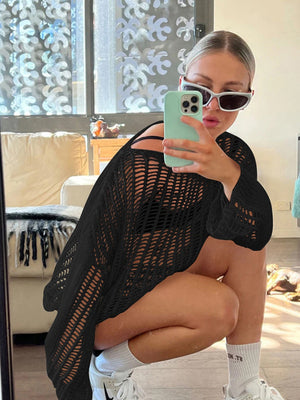 Liber Autumn women's see-through knitted loose hollow pullover mesh see-through top