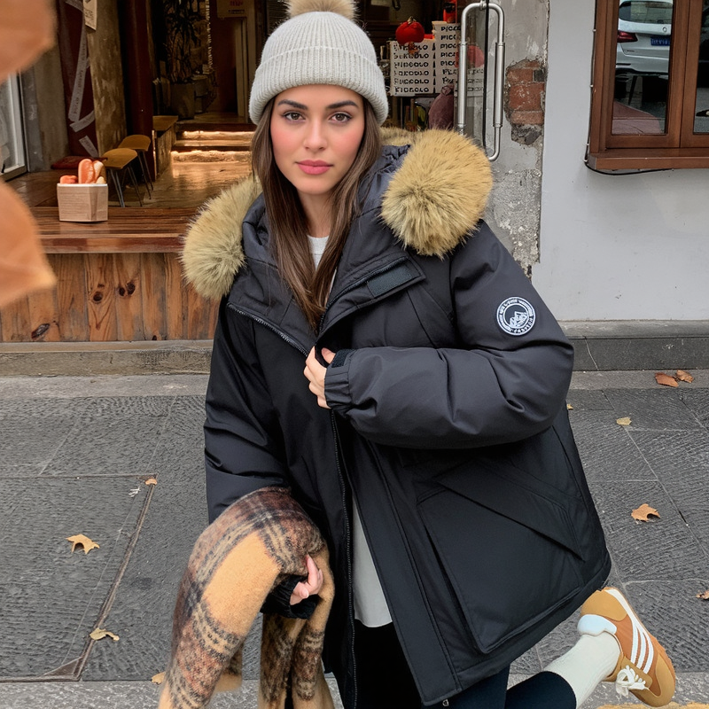 Zipper Version American Fleece Lined With Fur Collar Hooded Loose Leisure Outdoor Cotton-padded Clothing