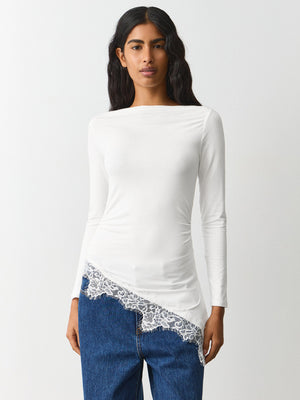 New Women's Simple Solid Color Design, Lace Trim And Slits At The Hem, Slim Fit Long Sleeve Top