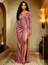Slit Waist Fitted Zipper Solid Color Long Sleeve Dress