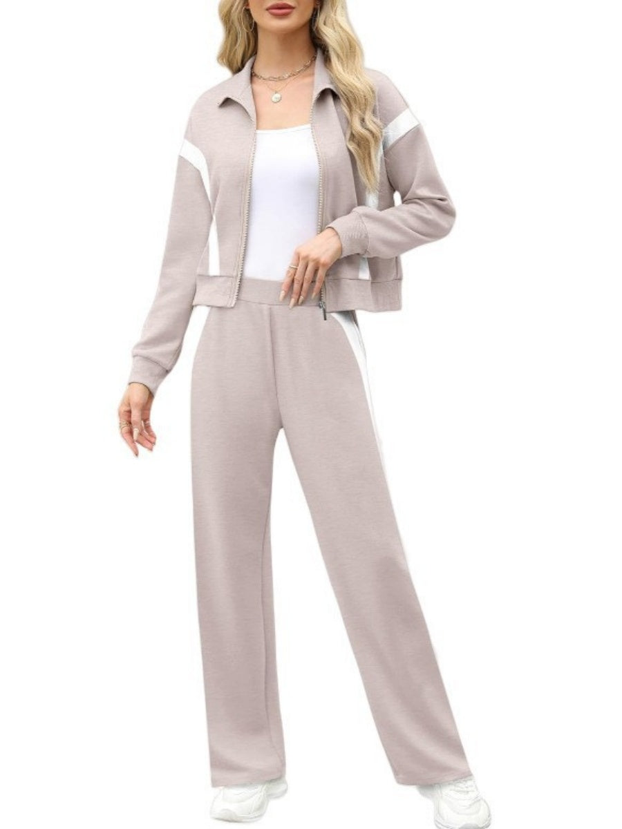 Long Sleeve Coat Stripes Splicing Sports Straight-leg Pants 2-piece Sets