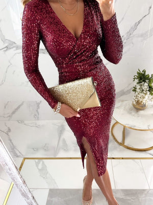 Sequins Fine Flash V-neck Hip-hugging Tight Fit Slit Parties Midi Dresses