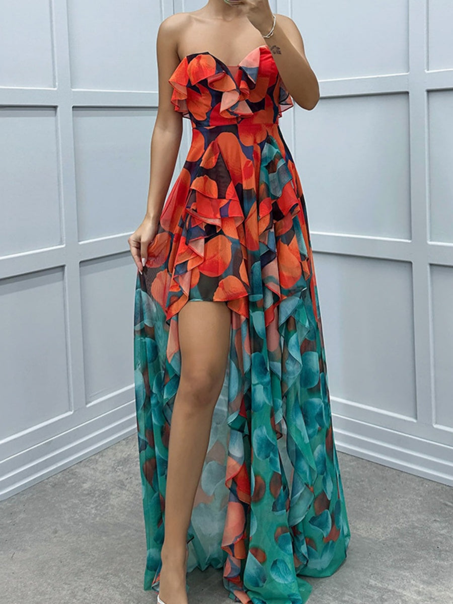 Mesh Printed Slit Ruffle Formal Dress Maxi Dresses