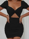 Hollow-out Pleated Puff Sleeve Bodycon Mini Dress
