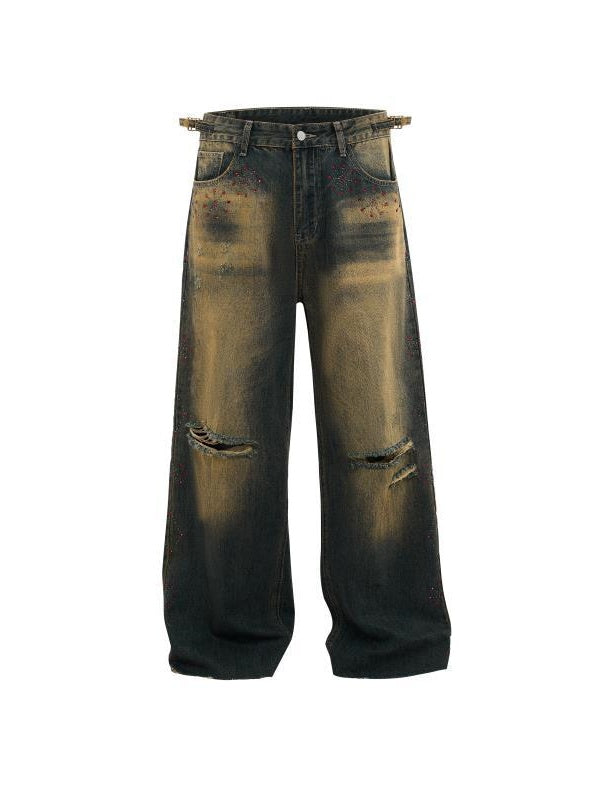 Retro Dirty Hole Red Diamond Distressed Jeans