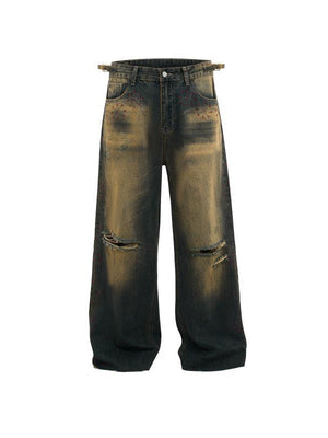 Retro Dirty Hole Red Diamond Distressed Jeans