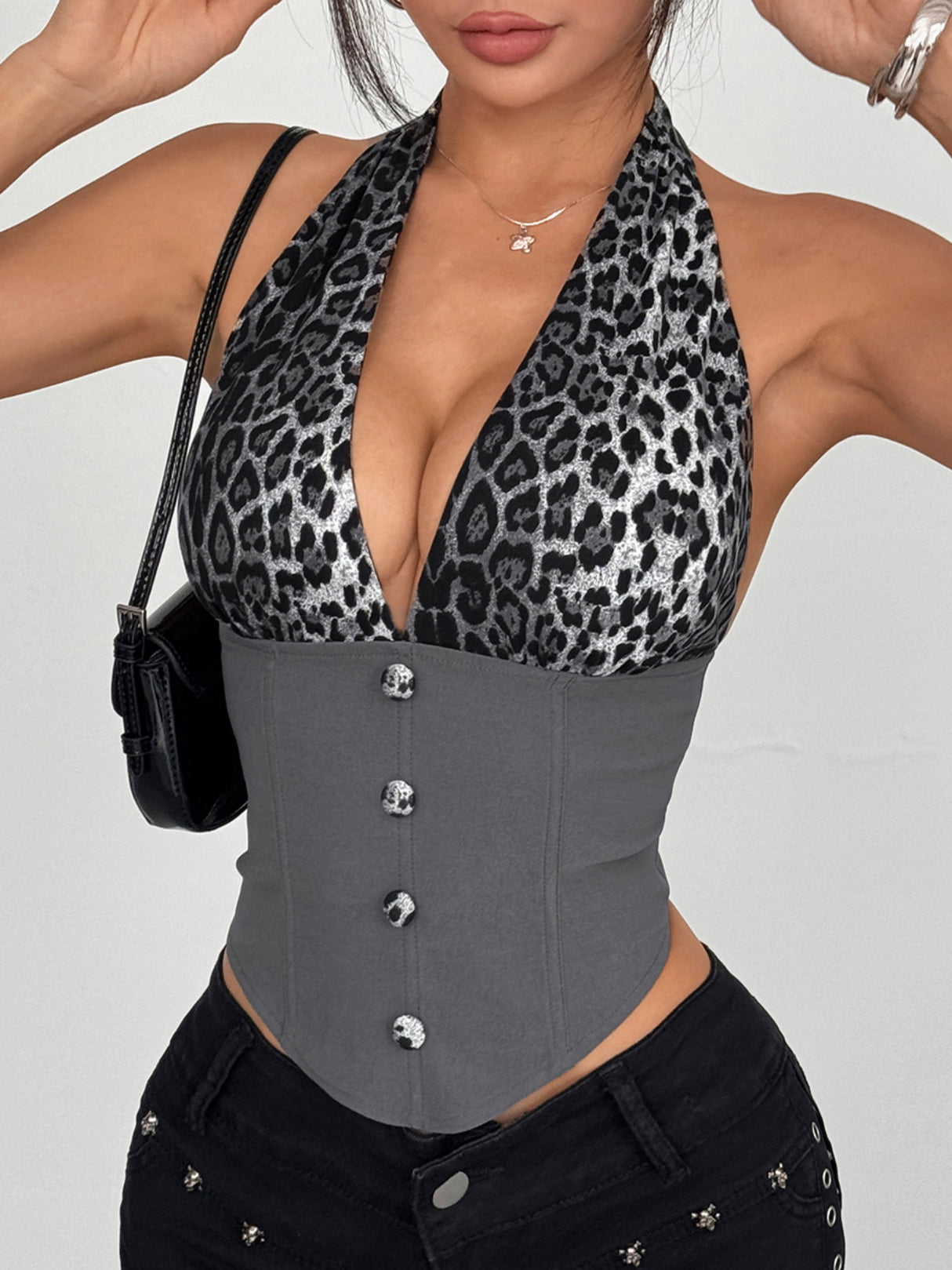 Leopard Print Color Blocking Halter Neck Deep V Buttons Fish Bones Tank Tops&Camis