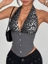 Leopard Print Color Blocking Halter Neck Deep V Buttons Fish Bones Tank Tops&Camis