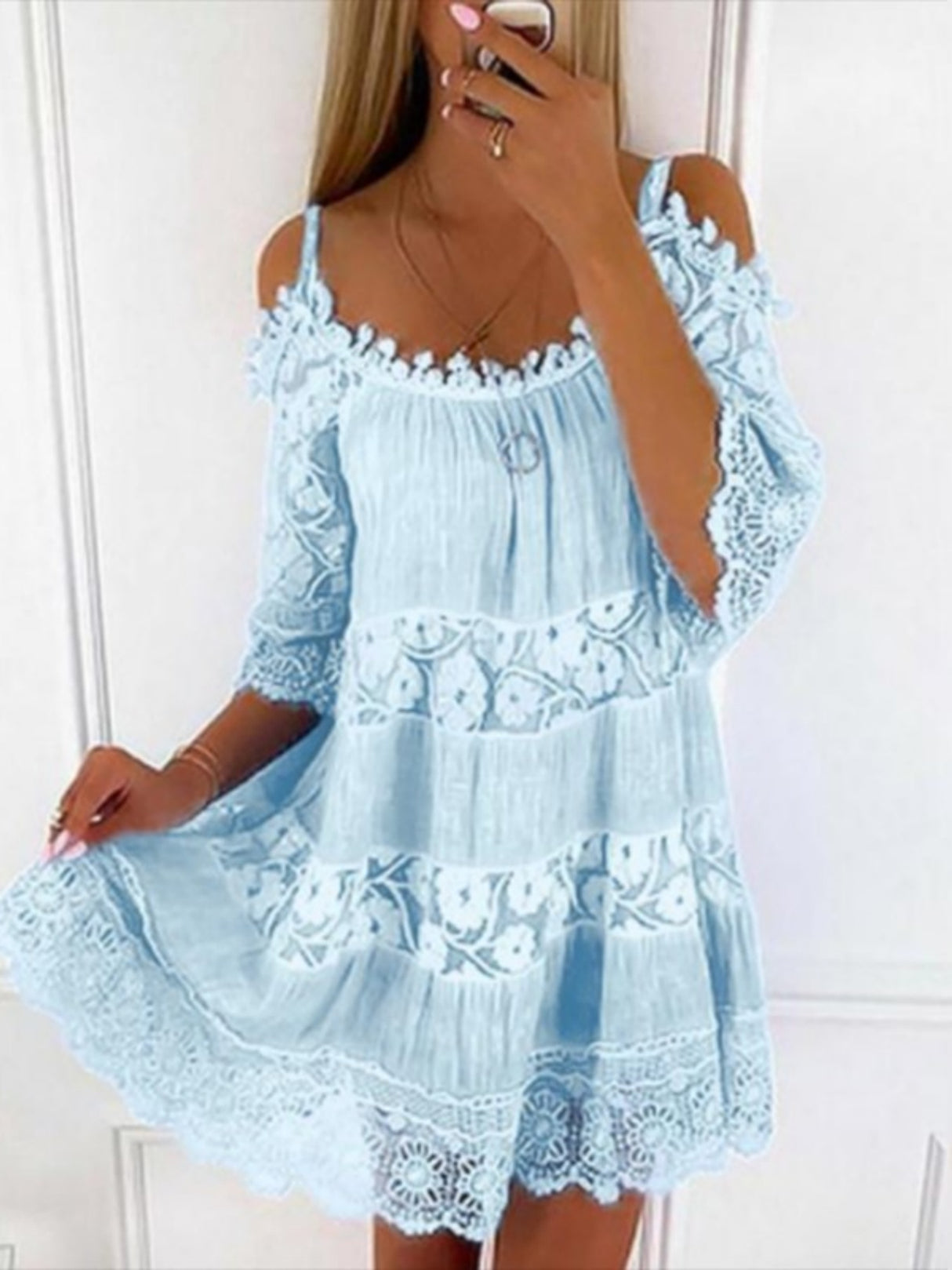 Lace Trim Hollow Out Splicing Spaghetti Strap Off-shoulder Mini&Short Dresses