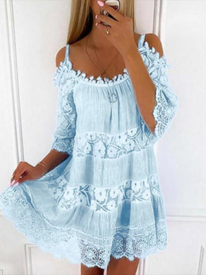 Lace Trim Hollow Out Splicing Spaghetti Strap Off-shoulder Mini&Short Dresses