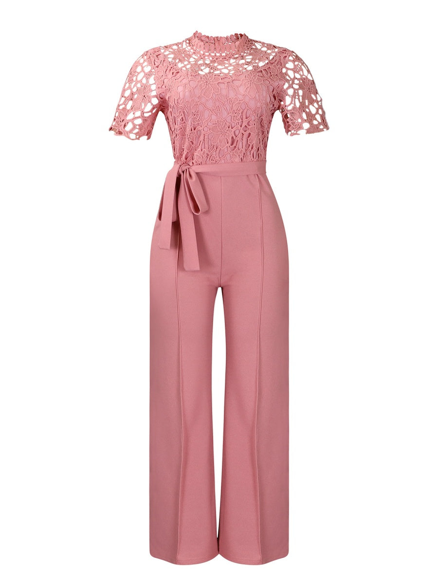 Lace Trim Hollow Short Sleeve Bandage High Waist Wide Leg Jumpsuits