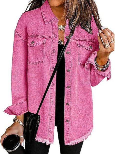 Denim Jacket With Frayed Pockets And Button Details