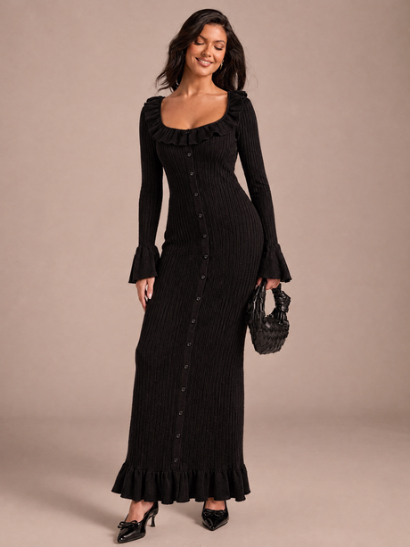 U-neck French Long-sleeved Simple Ruffled Knit Maxi Dress