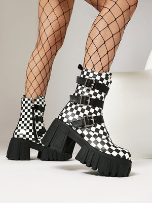 Plaid Denim Biker Punk Ankle Boots