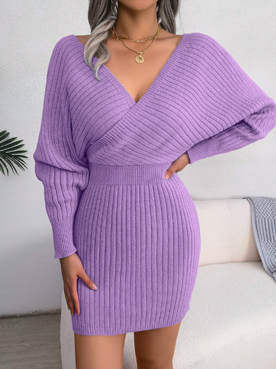 Cross V-neck Batwing Sleeves Hip-hugging Knitting Mini&Short Dresses