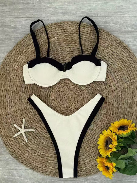 Black And White Color-blocked High-waisted Bikini