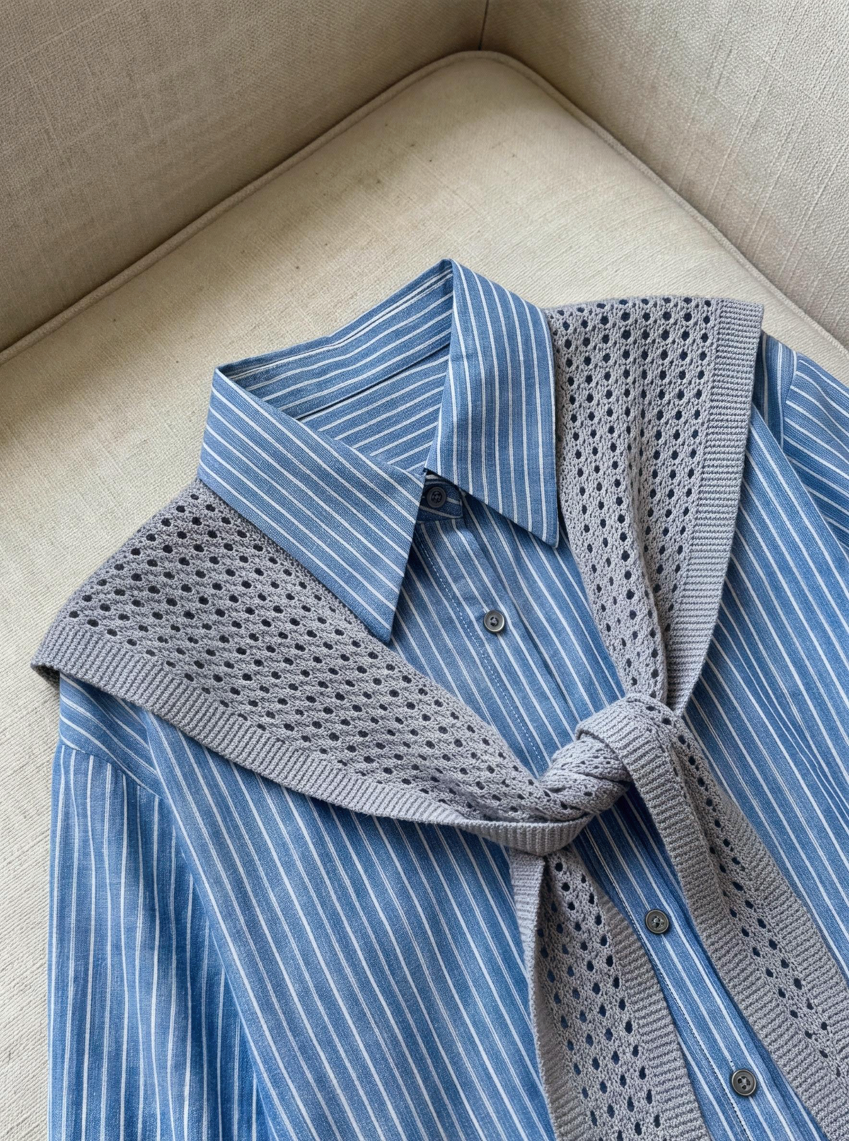 Korean Style Simple And Gentle Navy Striped Two-piece Set
