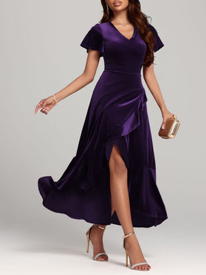 Large Velvet V-neck Flying Sleeves Irregular Hem Long Dress
