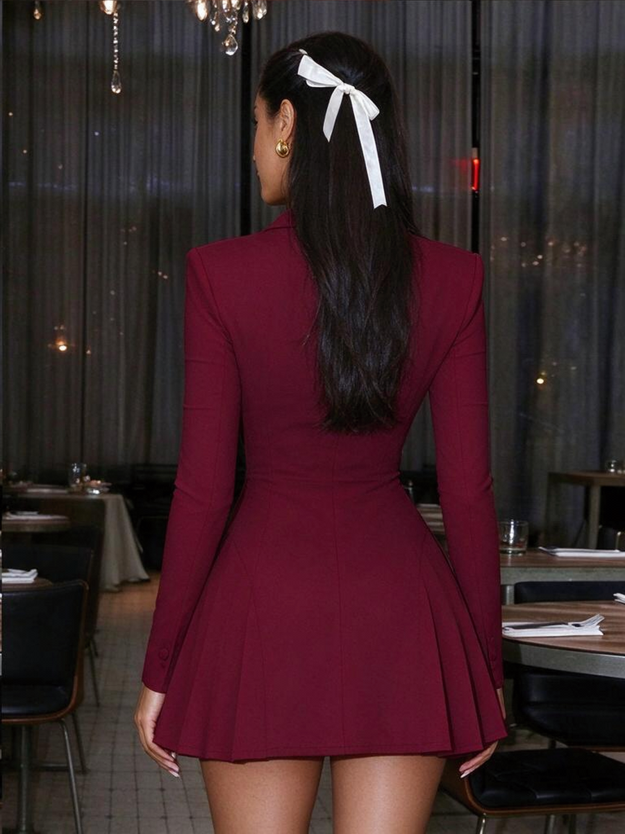 Sexy Deep V-neck Fitted Pleated Suit Dress For A Sophisticated Career Woman