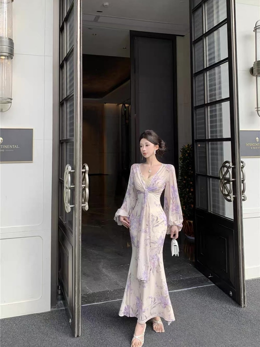 [Slip Dress + Floral Cardigan] Sexy Two-Piece Set With Printed V-Neck Lace Trim And Slim Fit